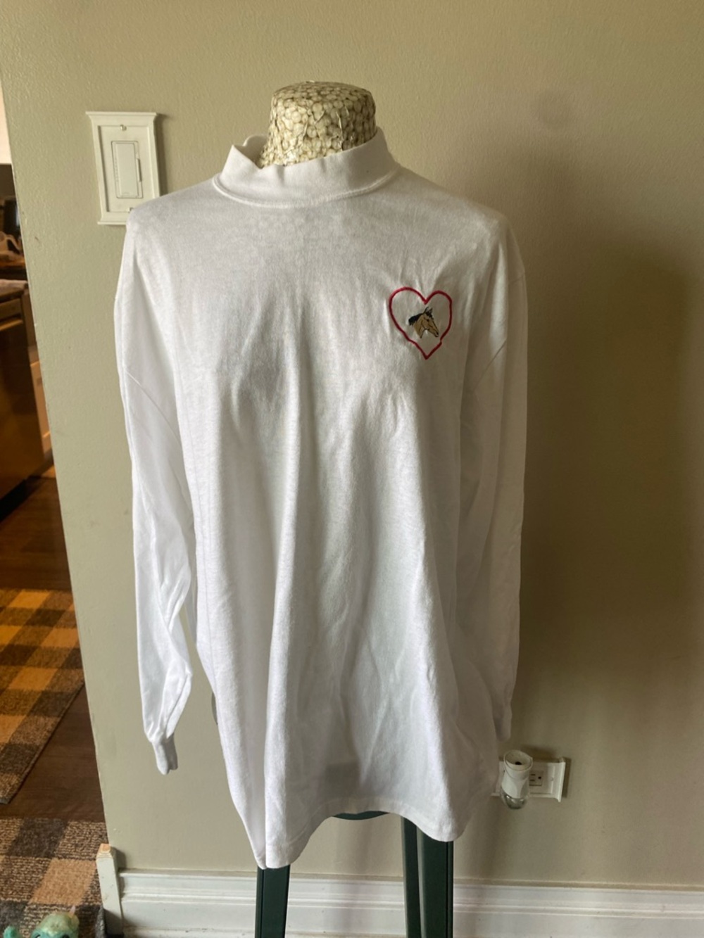 Vintage 80s White Mock Neck Long-Sleeve Shirt with Heart around a Horse